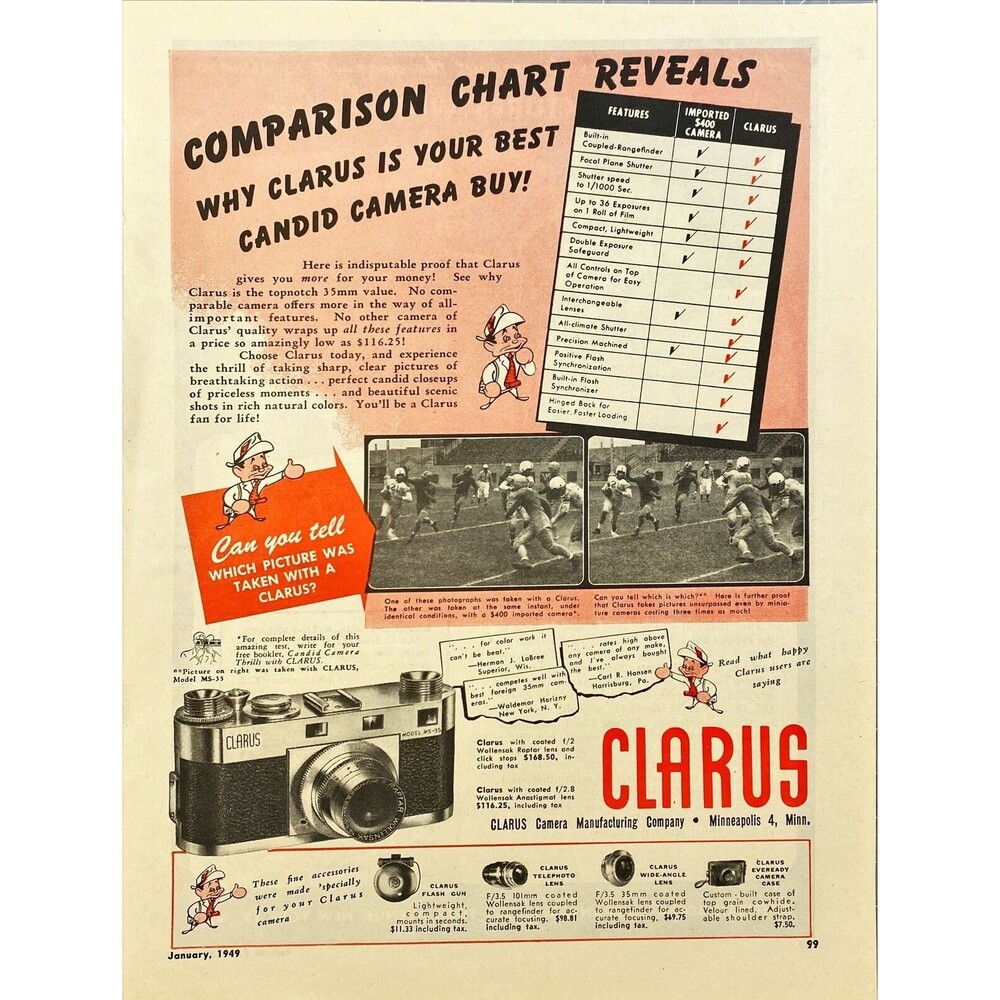 Clarus "Best Candid Camera Buy! Vintage Print Ad 1949